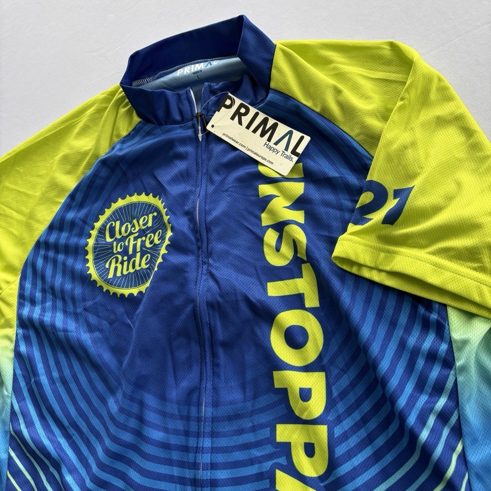Primal Cycling Jersey Mens Large Blue Yellow Closer To Free Ride Unstoppable NWT